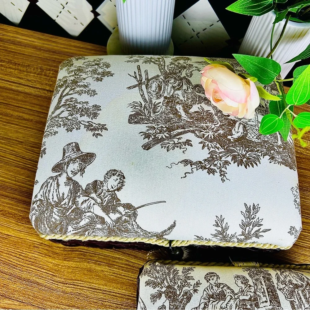 French‎ Country Toile Boxes Wicker Lined Tassel Pair Vintage Luxury